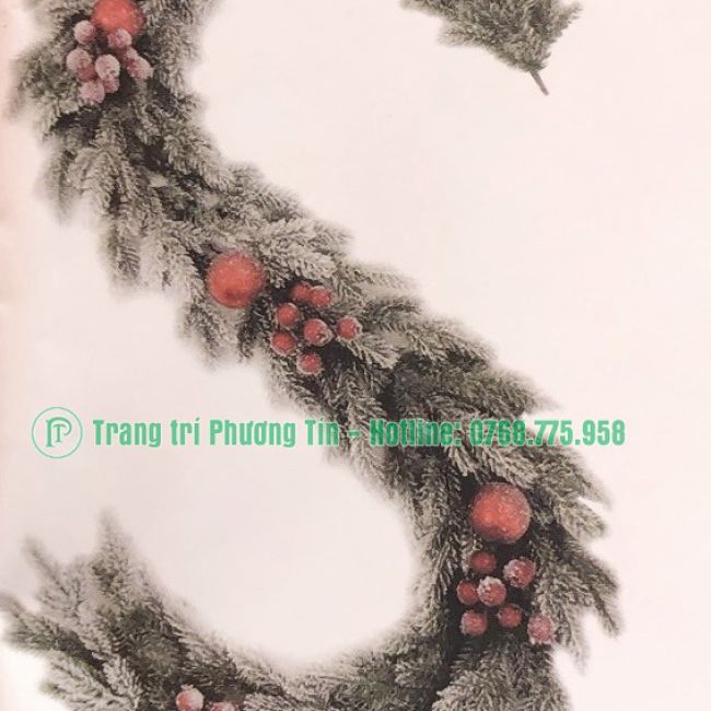Dây trang trí nhánh PE 5 lá phủ tuyết có trang trí