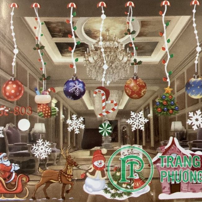 Decal ông già noel, tuần lộc, hoa tuyết, quả châu