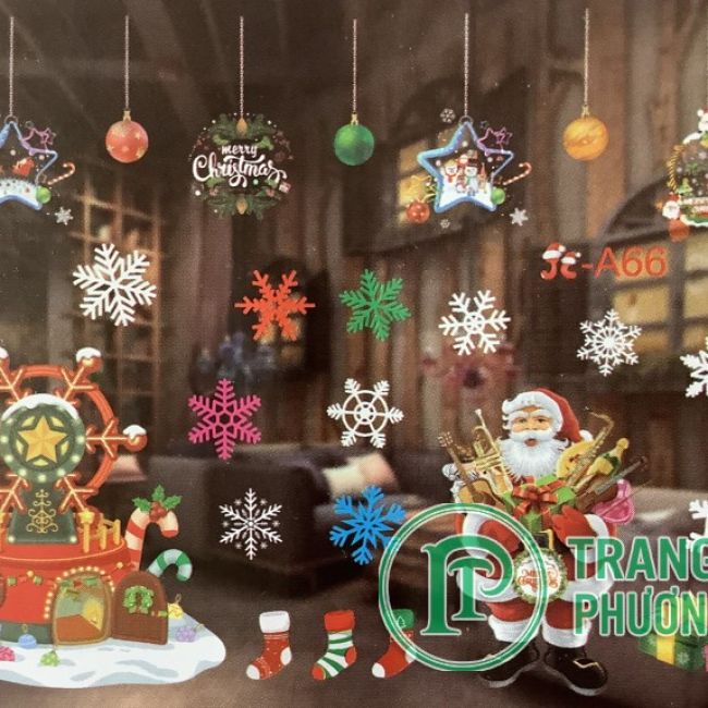 Decal dán kính có màu ông già Noel, hoa tuyết, thông
